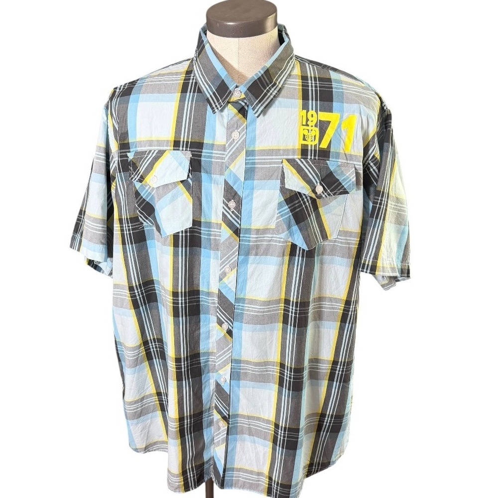 Disney‎ Parks Mens 2XL Plaid Short Sleeve Button Up Mickey Mouse 1971 Shirt Blue